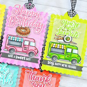 Sunny Studio Colorful Cruisin' Cuisine Punny Food Truck Scalloped Gift Tags Set using Lovey Dovey 4x6 Clear Sentiment Stamps