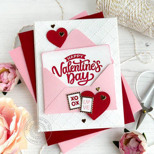 Sunny Studio Stamps Hearts & Postage Stamps with Envelope Embossed Valentine's Day Card using Quilted Hearts Embossing Folder