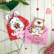 Sunny Studio Bear & Bunny Shaped Valentine's Day Cards tucked in red & pink gingham envelopes using Big Bunny Clear Stamps