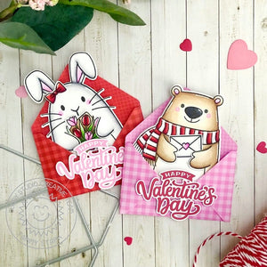 Sunny Studio Bear & Bunny Shaped Happy Valentine's Day Cards tucked in gingham envelopes using Holiday Hugs 4x6 Clear Stamps