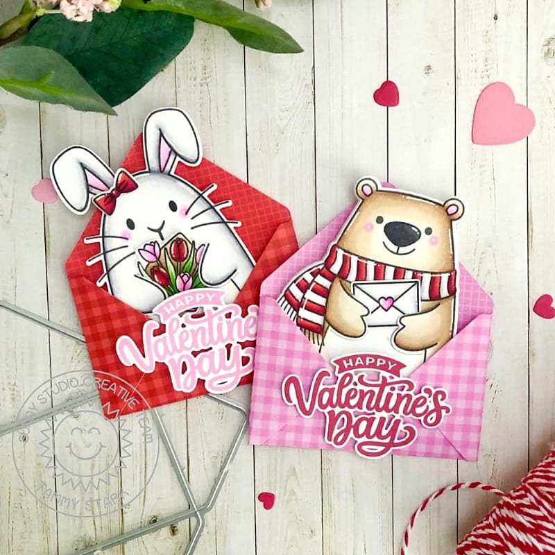 Sunny Studio Bear & Bunny Shaped Valentine's Day Cards tucked in gingham envelopes using My Heart 3x4 Sentiment Clear Stamps