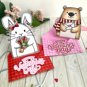 Sunny Studio Bear & Bunny Shaped Valentine's Day with red & pink gingham envelopes using Big Bunny 4x6 Clear Stamps