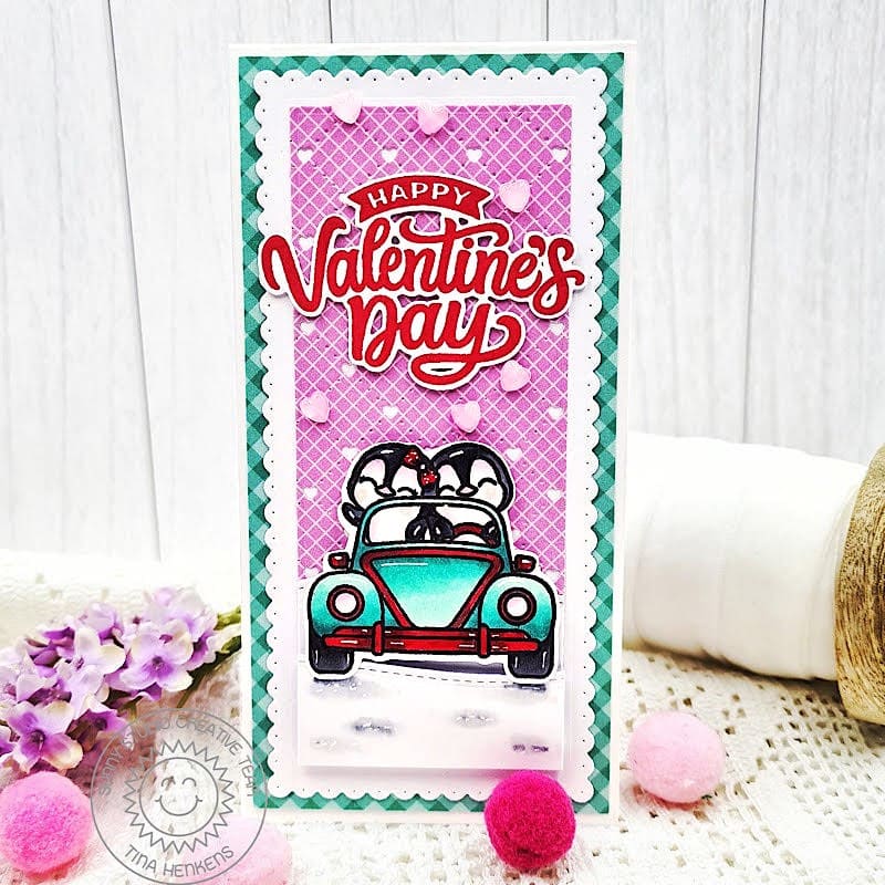Sunny Studio Hot Pink, Red, & Aqua Penguins in Card Slimline Valentine's Day Card using My Heart 3x4 Clear Sentiment Stamps