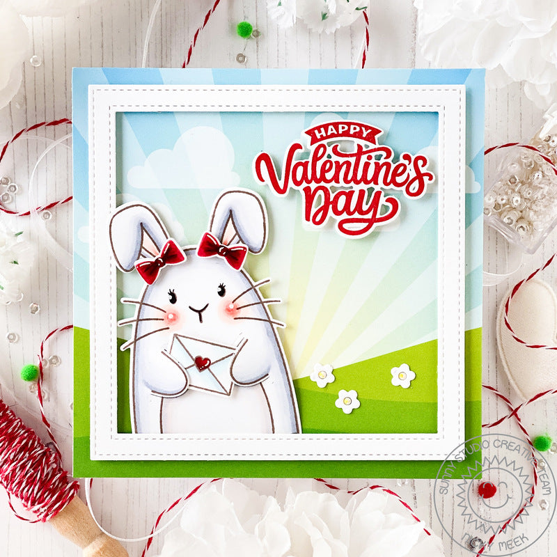 Sunny Studio Girl Rabbit with Red Bows on Her Ears & Love Letter Valentine's Day Square Card using Big Bunny 4x6 Clear Stamps
