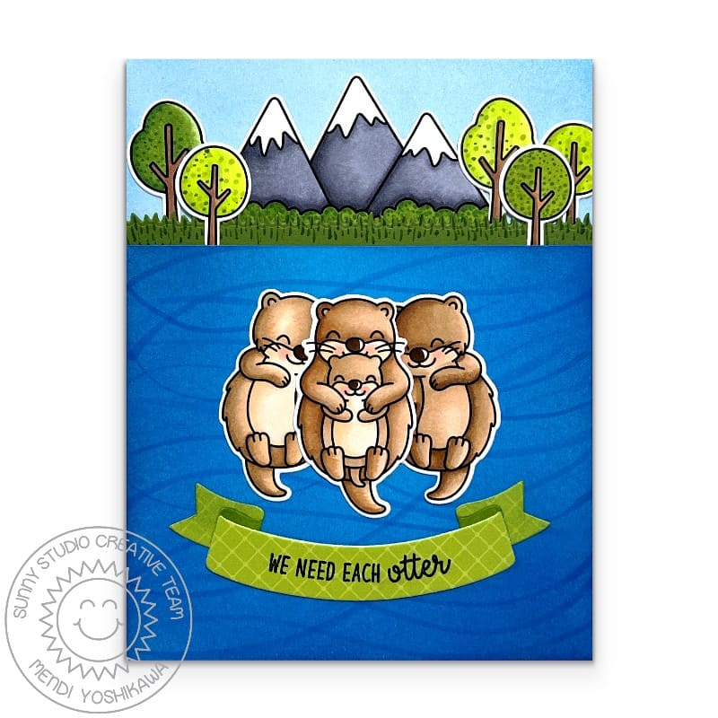 Sunny Studio Otters with Lake, Trees, & Mountains We Need Each Otter Punny Summer Card using Spring Scenes Clear Craft Stamps