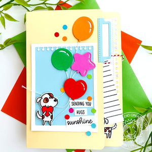 Sunny Studio Stamps Sending You Hugs & Sunshine Dog with Colorful Balloons File Folder Card using Notebook Photo Corners Die