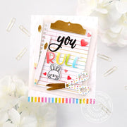 Sunny Studio You Rule Bunny With Clipboard, Gold Scissors, Colored Pencils School Card using Notebook Tabs Metal Cutting Die