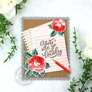 Sunny Studio You Are So Lovely Love Letter Scalloped Victorian Rose Card (using Everything's Rosy Clear Layering Stamps)