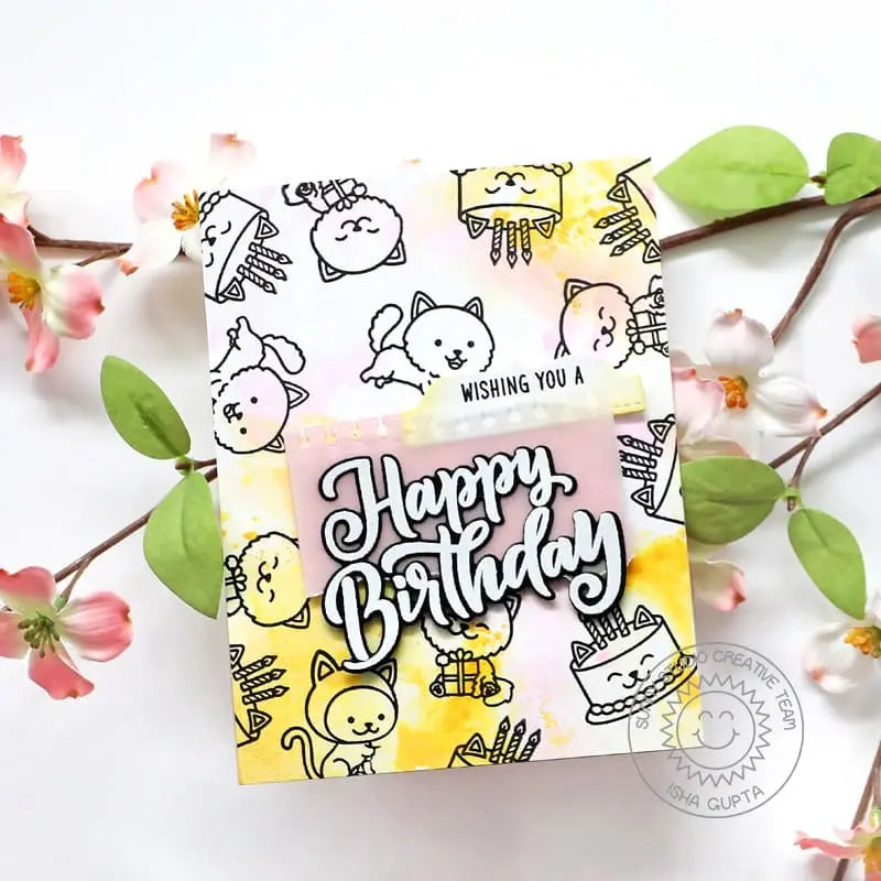 Sunny Studio Mixed Media Kitty Cat Birthday Cake Card by Isha Gupta (using Purrfect Birthday 4x6 Clear Stamps)