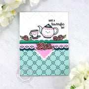 Sunny Studio Rose Teapot & Teacup Scalloped Eyelet Lace Mother's Day Card (using Tea-riffic 2x3 Clear Stamps)