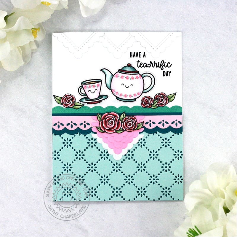 Sunny Studio Stamps Teapot & Teacup Scalloped Punny Mother's Day Card (using Notebook Photo Corners Metal Cutting Dies)