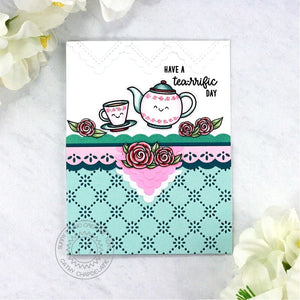 Sunny Studio Stamps Teapot & Teacup Scalloped Punny Mother's Day Card (using Notebook Photo Corners Metal Cutting Dies)