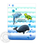 Sunny Studio Dolphin, Whale & Turtle Card with Ombre Waves Blue & Aqua Summer Card using Ocean of Joy 4x6 Clear Craft Stamps