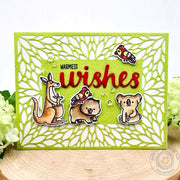 Sunny Studio Stamps Warmest Wishes Koala & Kangaroo Outback Card using Blooming Frame A2 Background Metal Cutting Craft Die