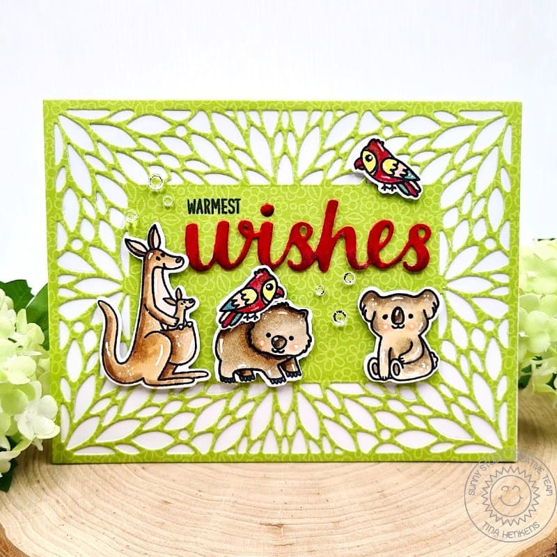 Sunny Studio Stamps Warmest Wishes Koala & Kangaroo Outback Card using Blooming Frame A2 Background Metal Cutting Craft Die
