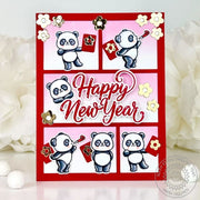 Sunny Studio Red, Pink & White Chinese Panda Bears Happy New Year Comic Strip Frame Card using Panda Party Clear Craft Stamps