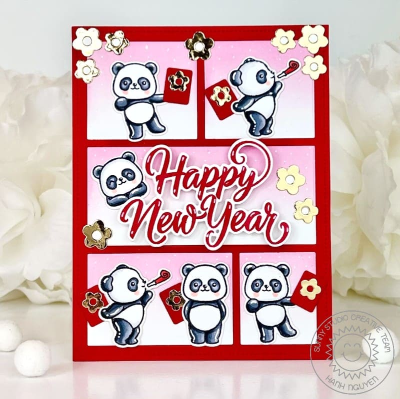 Sunny Studio Red, Pink & White Chinese Panda Bears Happy New Year Comic Strip Frame Card using Panda Party Clear Craft Stamps