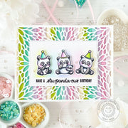 Sunny Studio Pastel Striped Panda Bear Punny Birthday Card with Die-cut Background Frame using Panda Party Clear Craft Stamps