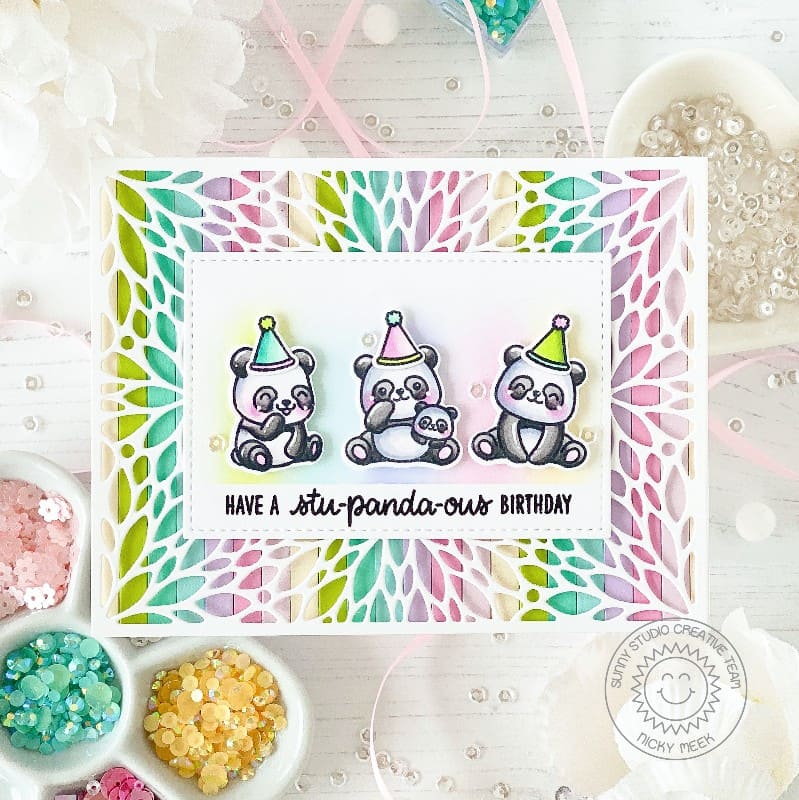 Sunny Studio Pastel Striped Panda Bear Punny Birthday Card with Die-cut Background Frame using Panda Party Clear Craft Stamps