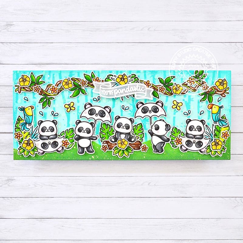 Sunny Studio Panda Bears with Umbrellas & Tropical Vines Summer Slimline Card by Marine Simon using Panda Party Clear Stamps