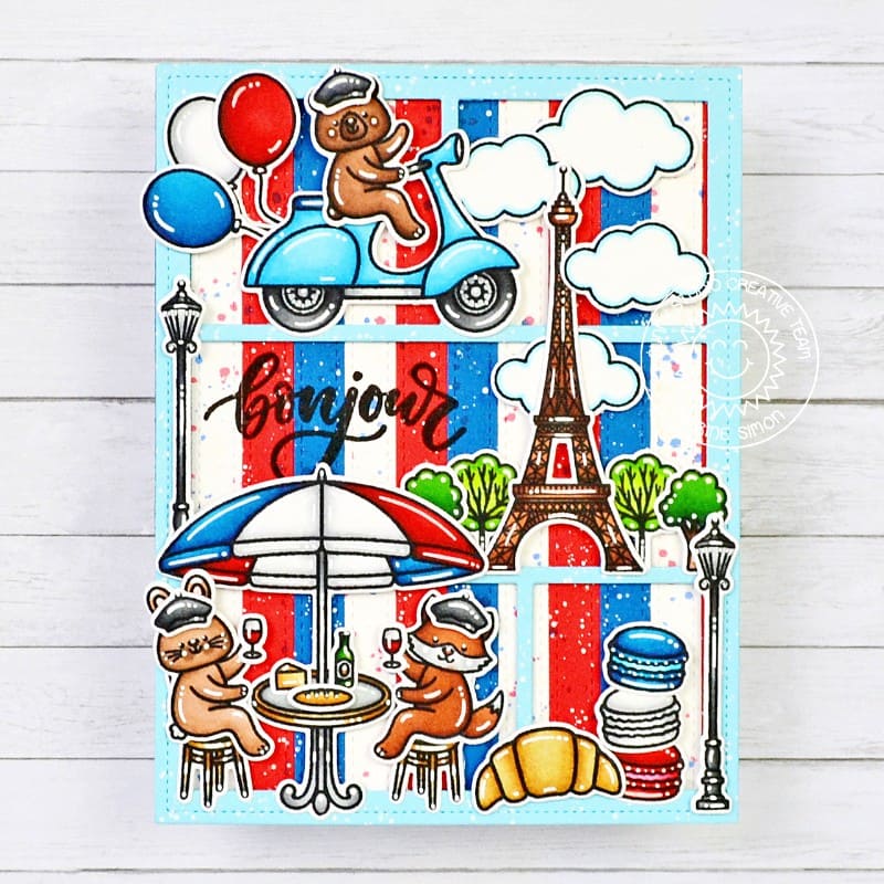 Sunny Studio Red, White, & Blue French Scenes Celebrating France Bastille Day Card using Paris Afternoon Clear Craft Stamps