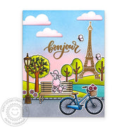 Sunny Studio Pink Poodle on Park Bench with Bicycle & Eiffel Tower Bonjour Card using using Paris Afternoon Clear Craft Stamps