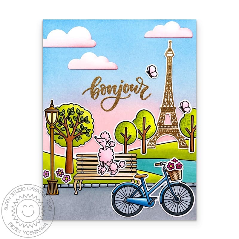 Sunny Studio Pink Poodle on Park Bench with Bicycle & Eiffel Tower Bonjour Card using using Paris Afternoon Clear Craft Stamps