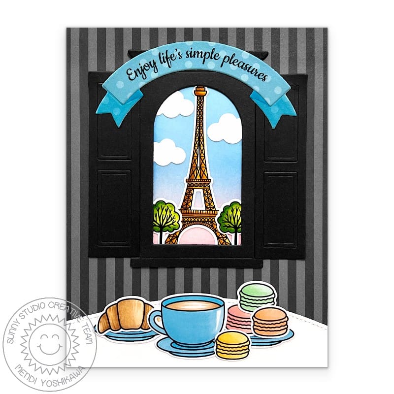 Sunny Studio Paris Cafe Window with Latte overlooking Eiffel Tower Enjoy Card using using Paris Afternoon Clear Craft Stamps