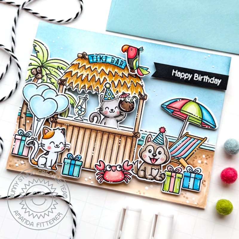 Sunny Studio Party Pets Cat & Dog with Tiki Time Bar Summer Beach Birthday Card using Ocean View 4x6 Clear Craft Stamps