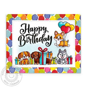 Sunny Studio Puppy Dogs with Colorful Gifts & Rainbow Balloons Happy Birthday Card using Party Pets 4x6 Clear Craft Stamps