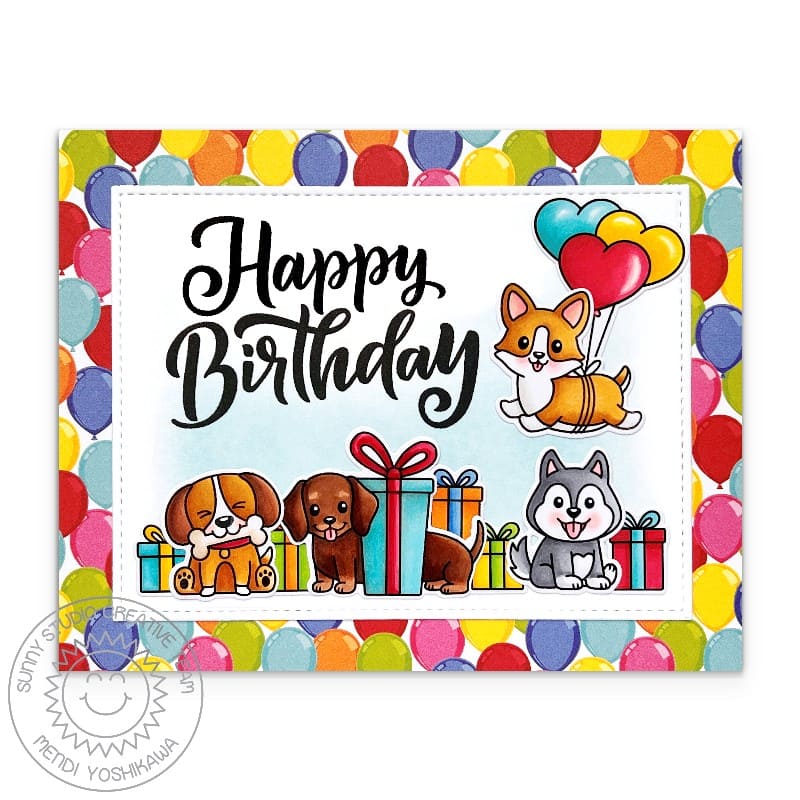 Sunny Studio Puppy Dogs with Colorful Gifts & Rainbow Balloons Happy Birthday Card using Party Pets 4x6 Clear Craft Stamps