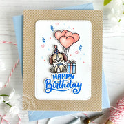 Sunny Studio Dog with Heart Balloons, Bone & Gifts Birthday Card using Background Basics 2 Grid Backdrop Clear Craft Stamps
