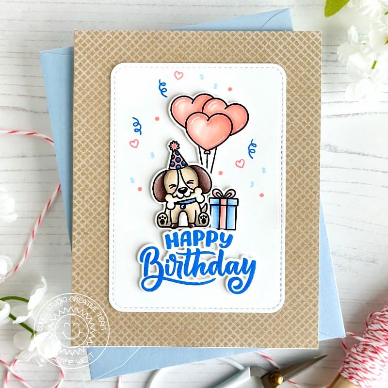 Sunny Studio Dog with Heart Balloons, Bone & Gifts Birthday Card using Background Basics 2 Grid Backdrop Clear Craft Stamps