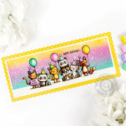 Sunny Studio Fox, Cats, Dogs, & Panda Bears Rainbow Scalloped Slimline Birthday Card using Panda Party 4x6 Clear Craft Stamps