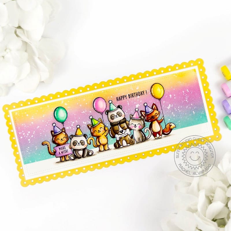Sunny Studio Fox, Cats, Dogs, & Panda Bears Rainbow Scalloped Slimline Birthday Card using Panda Party 4x6 Clear Craft Stamps