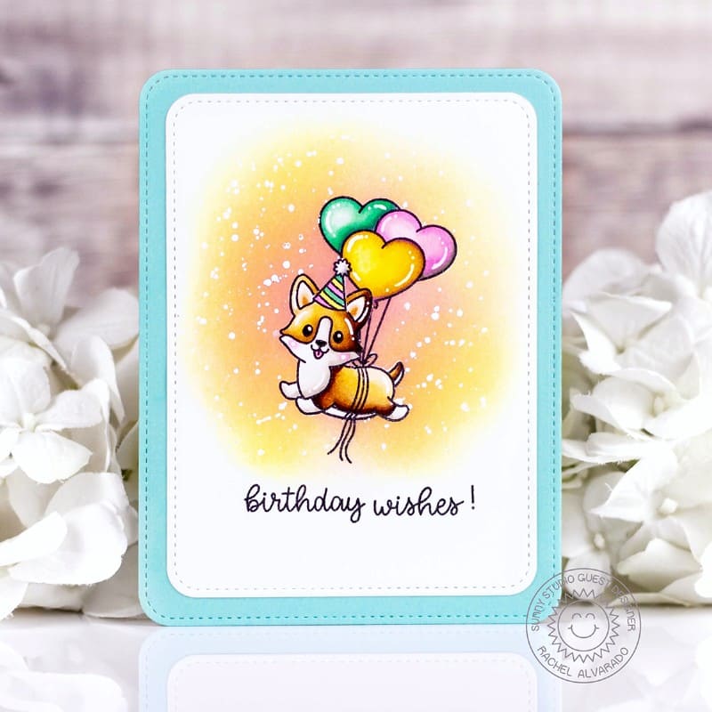 Sunny Studio Stamps Corgi Dog Floating with Heart Balloons Birthday Wishes Card using Rounded Rectangle Mat Metal Craft Dies