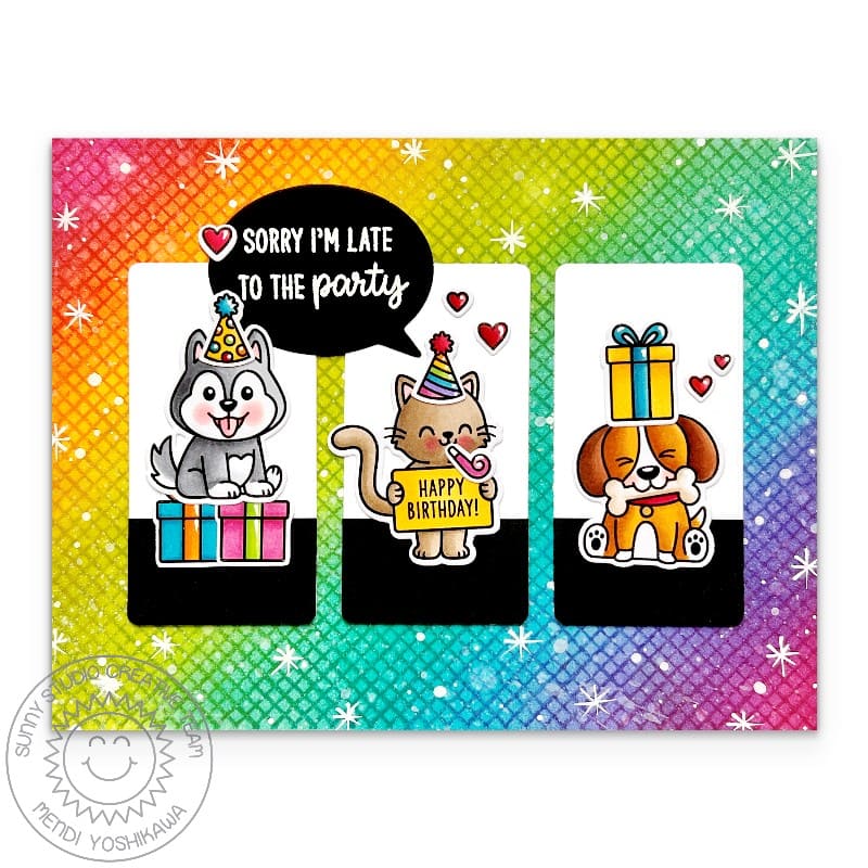 Sunny Studio Sorry I'm Late To The Party Cat & Dog Rainbow Sparkle Belated Birthday Card using Party Pets Clear Craft Stamps