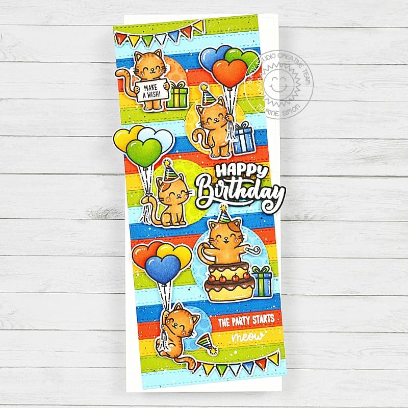 Sunny Studio Stamps Kitty Cat The Party Starts Meow Colorful Striped Slimline Birthday Card using Ribbon & Lace Border Dies