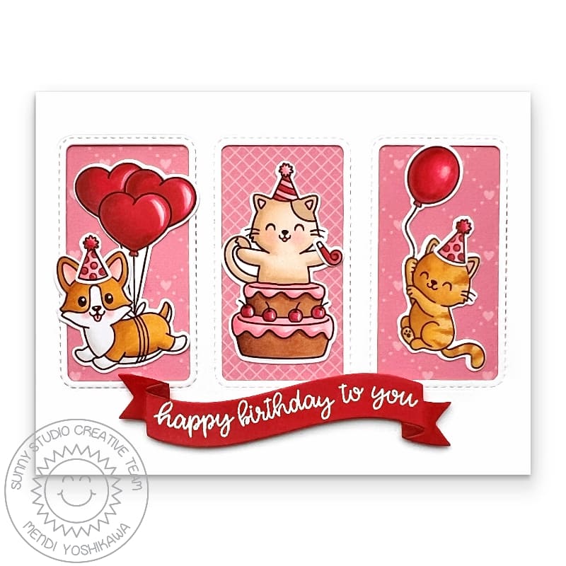 Sunny Studio Pink & Red Cats & Dog with Balloons Happy Birthday To You 3 Window Card using Party Pets 4x6 Clear Craft Stamps