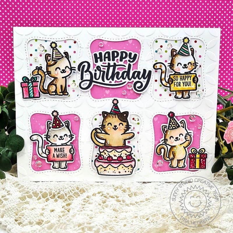Sunny Studio Stamps Kitty Cat Part Stitched Grid Window Happy Birthday Card using Wonky Windows Metal Cutting Craft Dies
