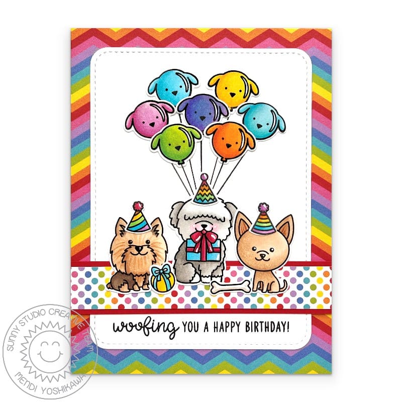 Sunny Studio Woofing You A Good Birthday Dog Rainbow Chevron Striped Punny Handmade Card using Party Pups Clear Craft Stamps