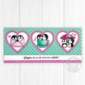 Sunny Studio Penguin Scalloped Polka-dot Heart Slimline Valentine's Day Card using Background Basics 4x6 Clear Stamps