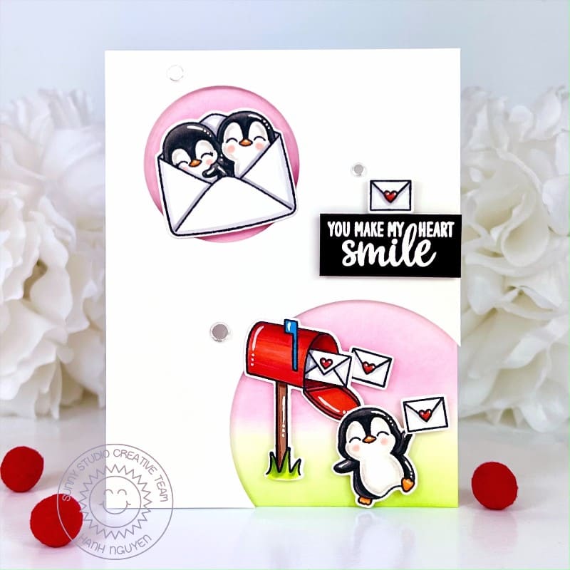 Sunny Studio You Make My Heart Smile Penguins Mailing Letters with Mailbox Card using Passionate Penguins Clear Craft Stamps