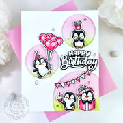 Sunny Studio Pink & Green Penguin Circle Window Handmade Birthday Card by Hanh Nguyen using Penguin Party Clear Craft Stamps