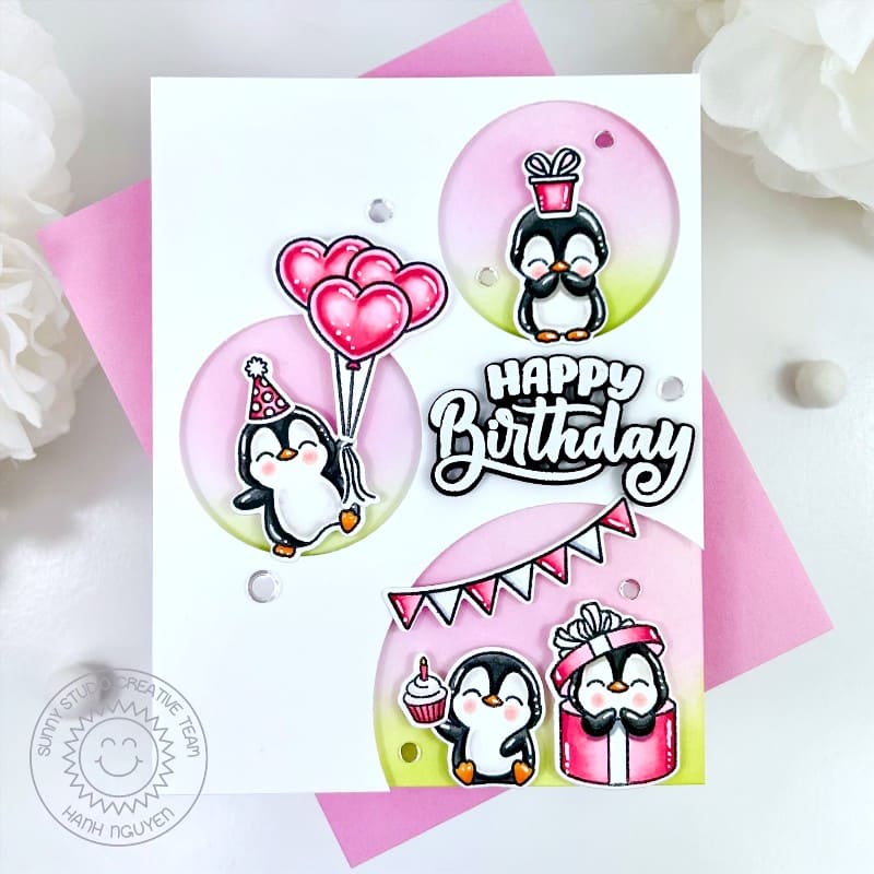 Sunny Studio Pink & Green Penguin Circle Window Handmade Birthday Card by Hanh Nguyen using Penguin Party Clear Craft Stamps