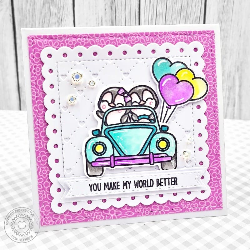 Sunny Studio Stamps Passionate Penguins in Car You Make My World Better Square Card using Quilted Hearts Landscape Craft Die