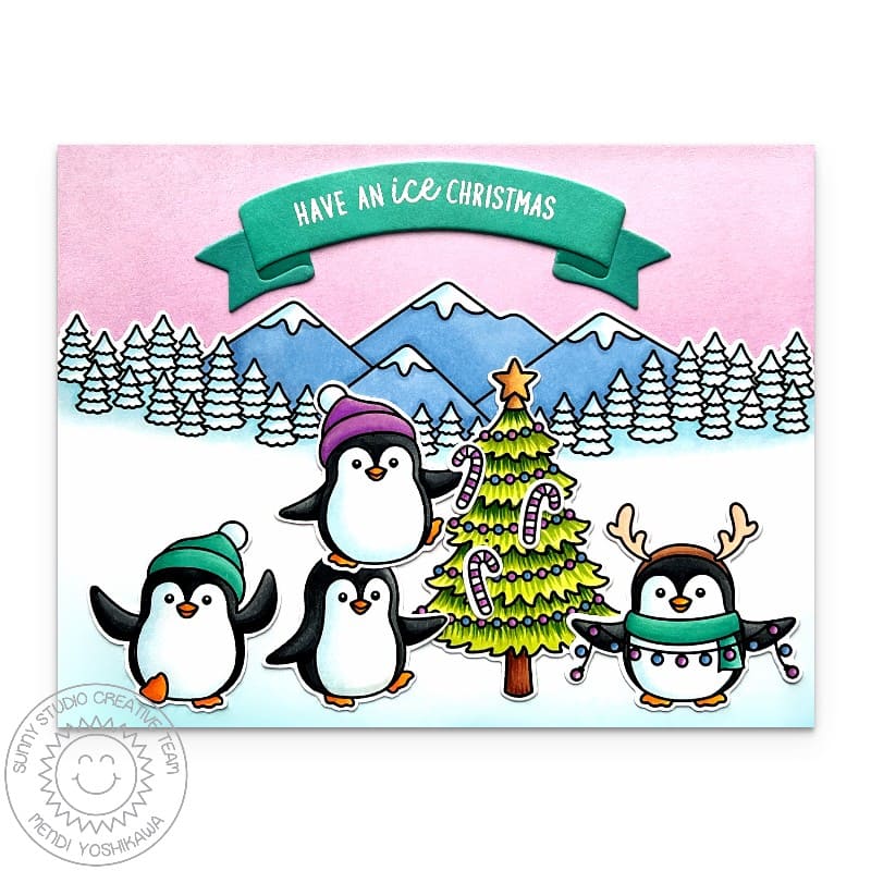 Sunny Studio Punny "Have An Ice Christmas" Penguin Polar Winter Handmade Holiday Card using Penguin Pals Clear Craft Stamps