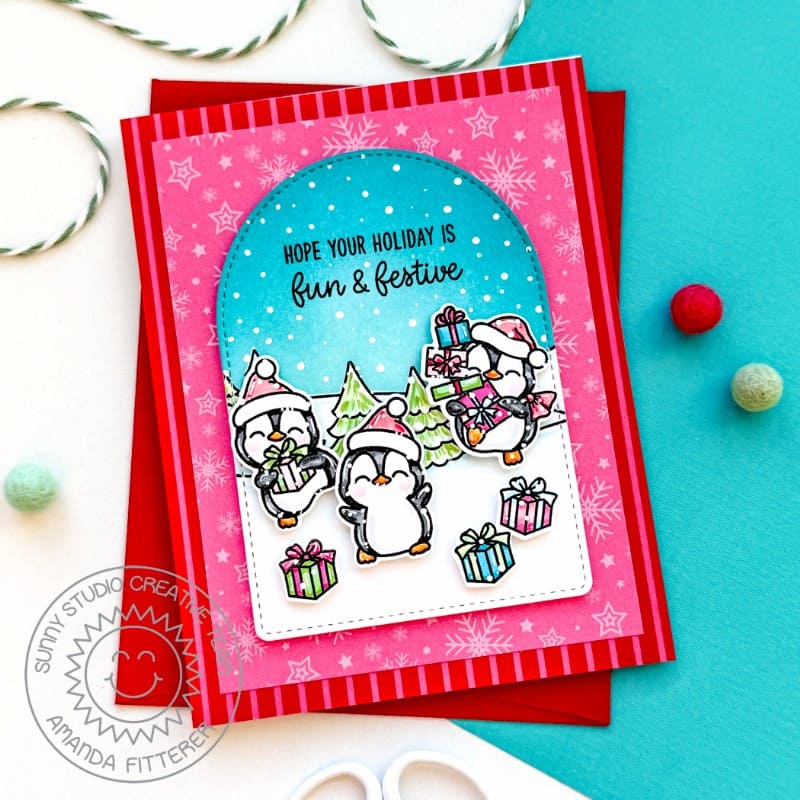 Sunny Studio Fun & Festive Penguin Scene Handmade Winter Holiday Christmas Card using Penguin Party 4x6 Clear Craft Stamps