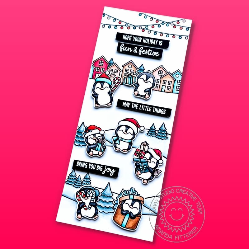 Sunny Studio Fun & Festive Big Joy Holiday Penguin Slimline Christmas Card using Penguin Party Clear Photopolymer Craft Stamp