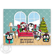Sunny Studio Penguins on Sofa with Christmas Tree & Wood Floors Holiday Home Card using Sprawling Surfaces Clear Craft Stamps